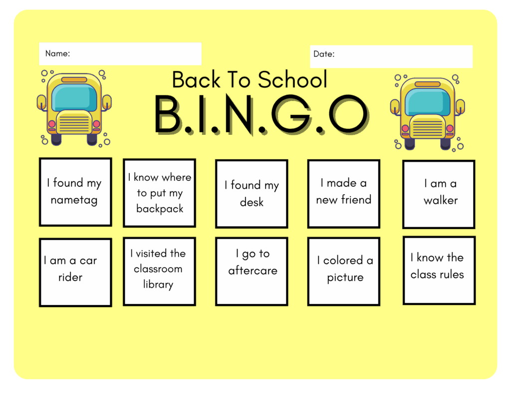 Back To School Bingo Worksheet