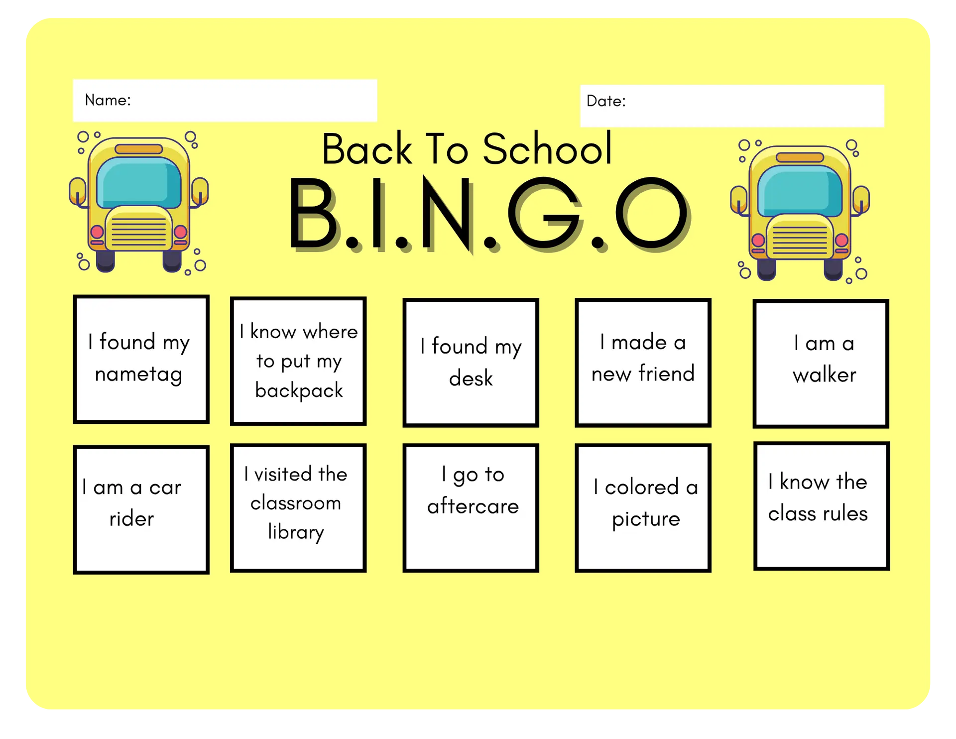 Back To School Bingo Worksheet